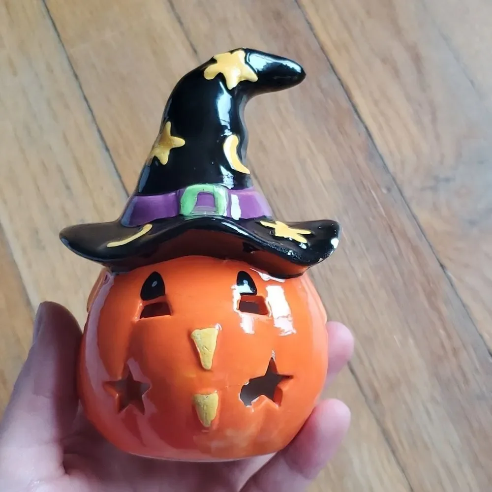 Ceramic pumpkin Halloween witch‎ hat candle holder